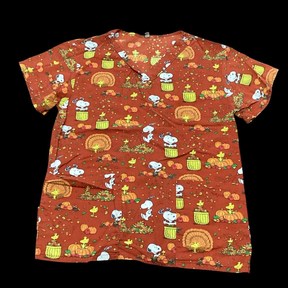 Peanuts Snoopy Woodstock Thanksgiving Scrub Top Orange V-Neck Small Made in USA
